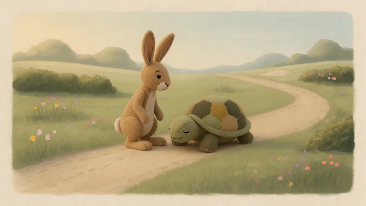 Tortoise rests at the goal after finishing the race.