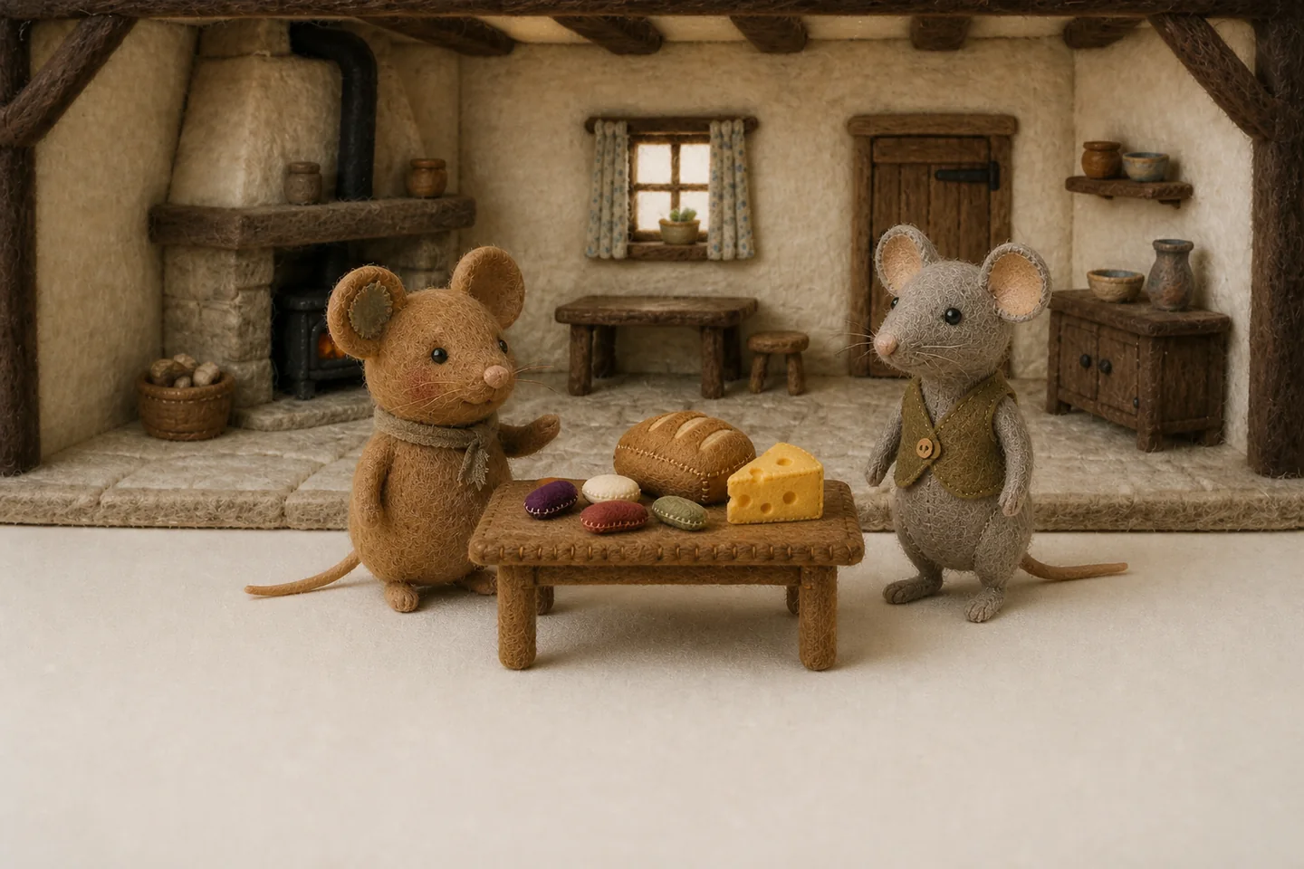 Country Mouse shares beans, bread and cheese with Town Mouse at his small table.