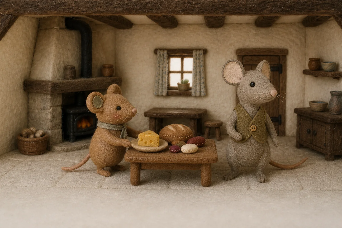 Town Mouse and Country Mouse talk beside the simple country supper.