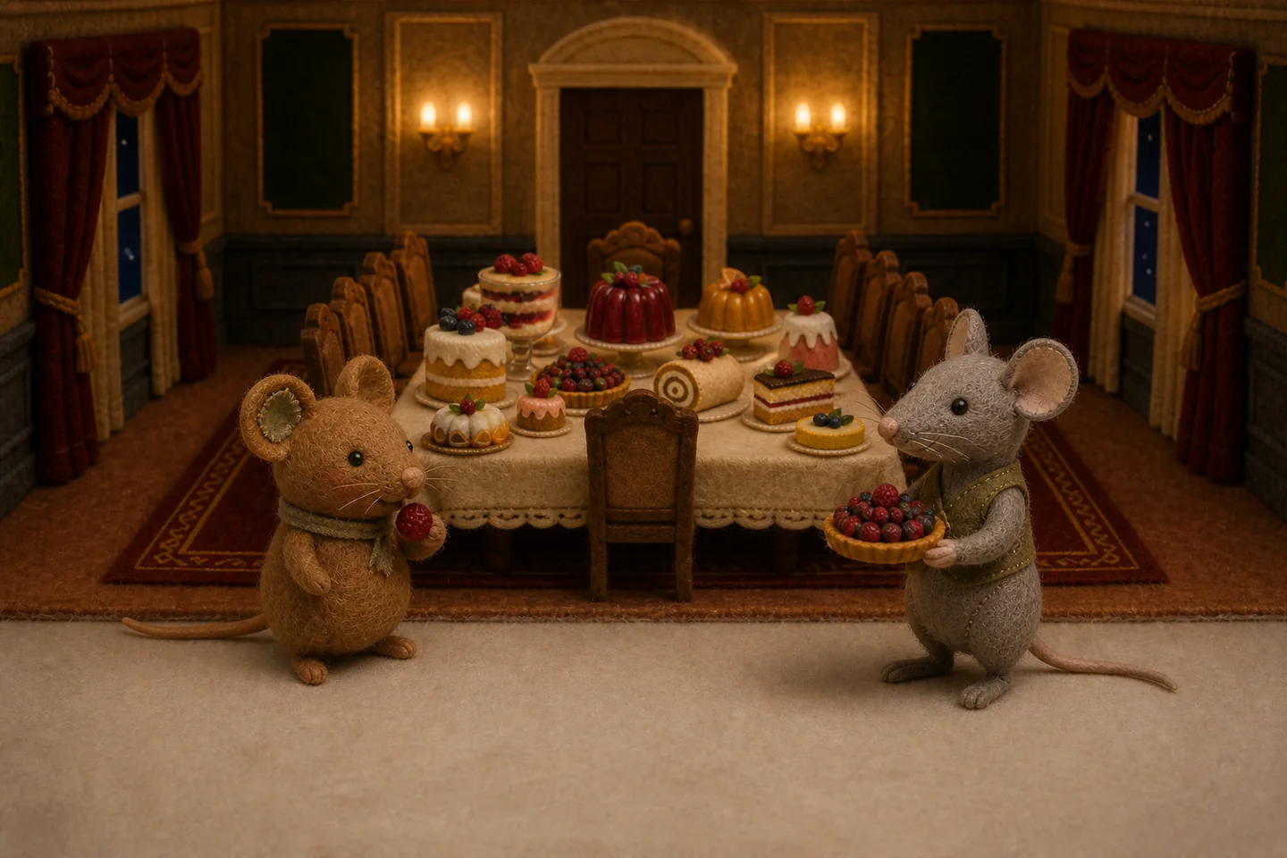 The two mice nibble food in the grand town dining room.