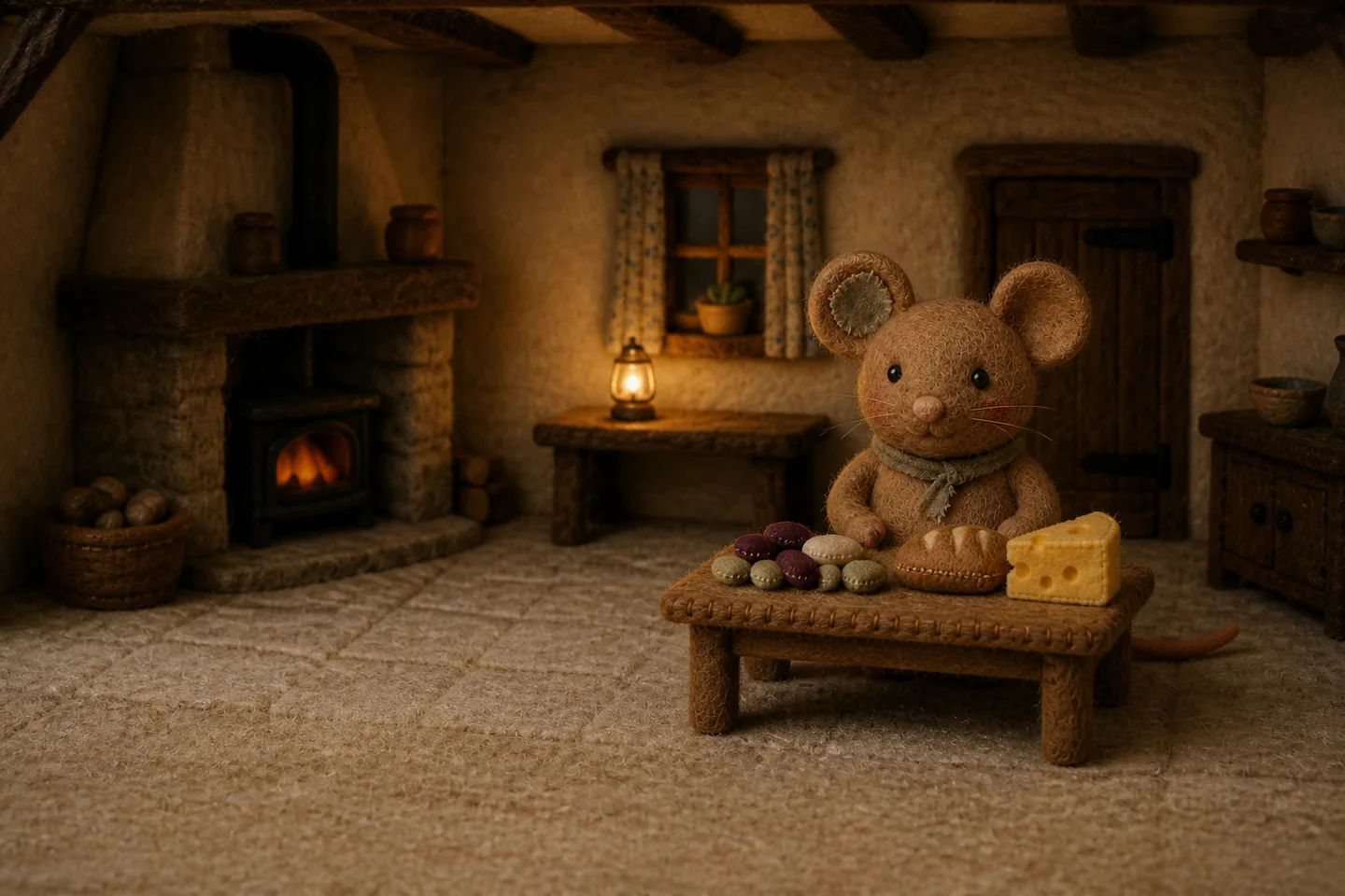 Country Mouse enjoys a quiet supper at home.