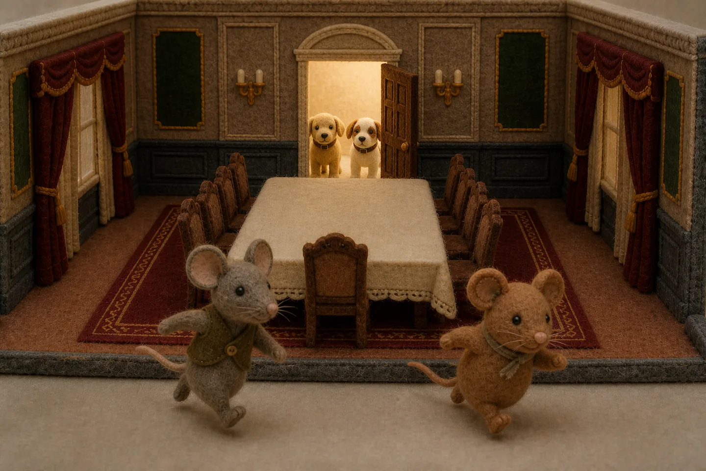 The two mice run away from the dining room as dogs approach.