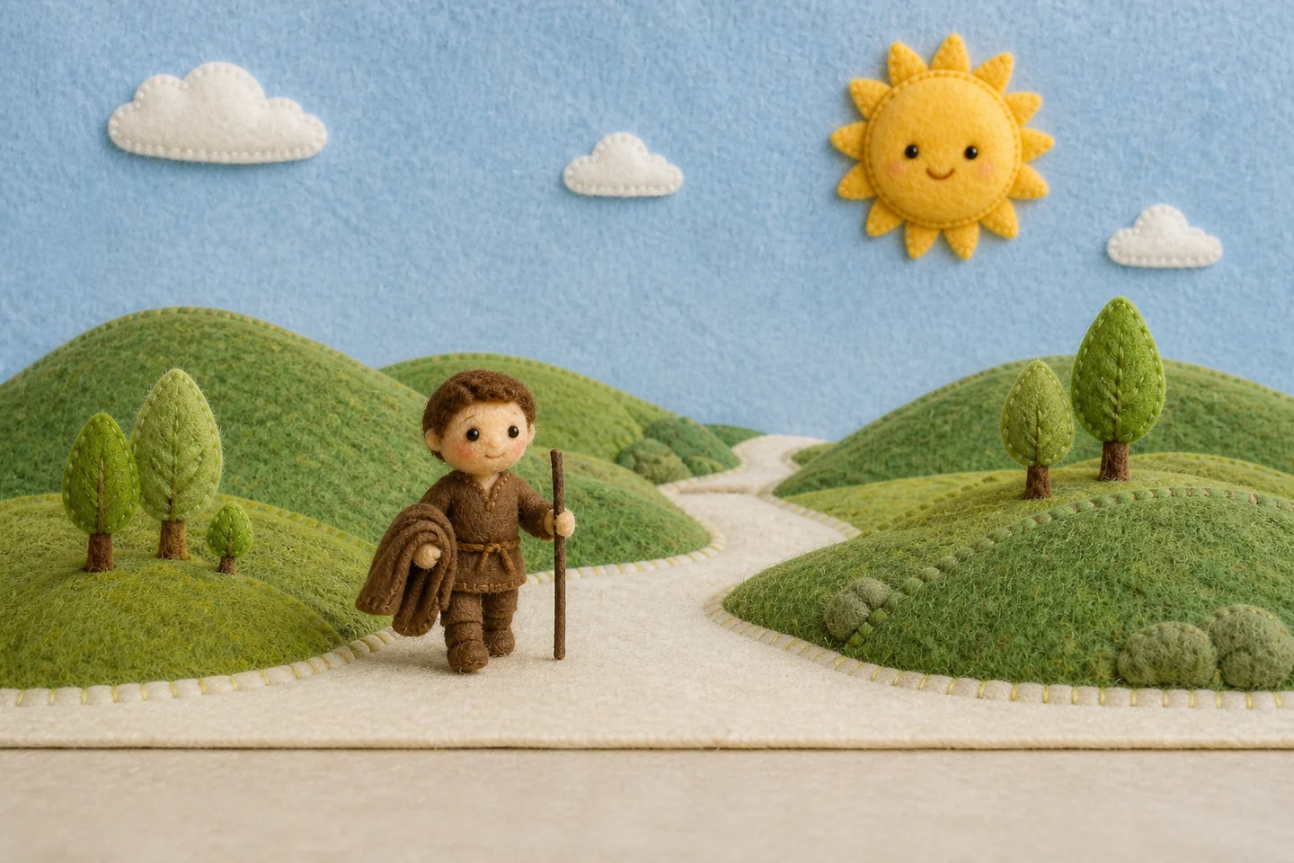 The traveller carries his cloak over his arm in the warm sunshine.