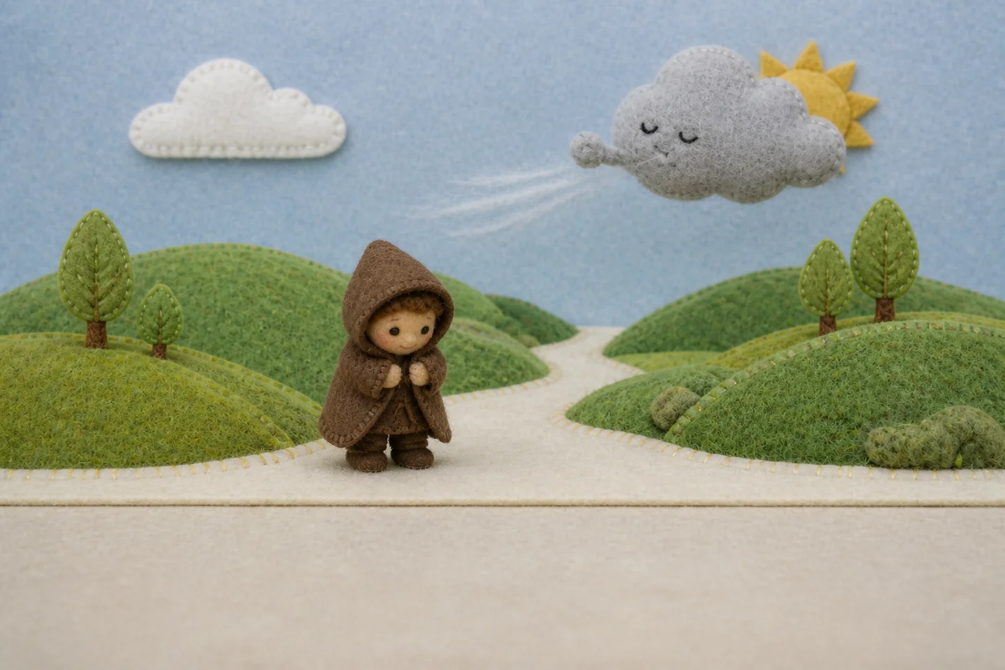 The traveller holds his cloak tightly against the wind.