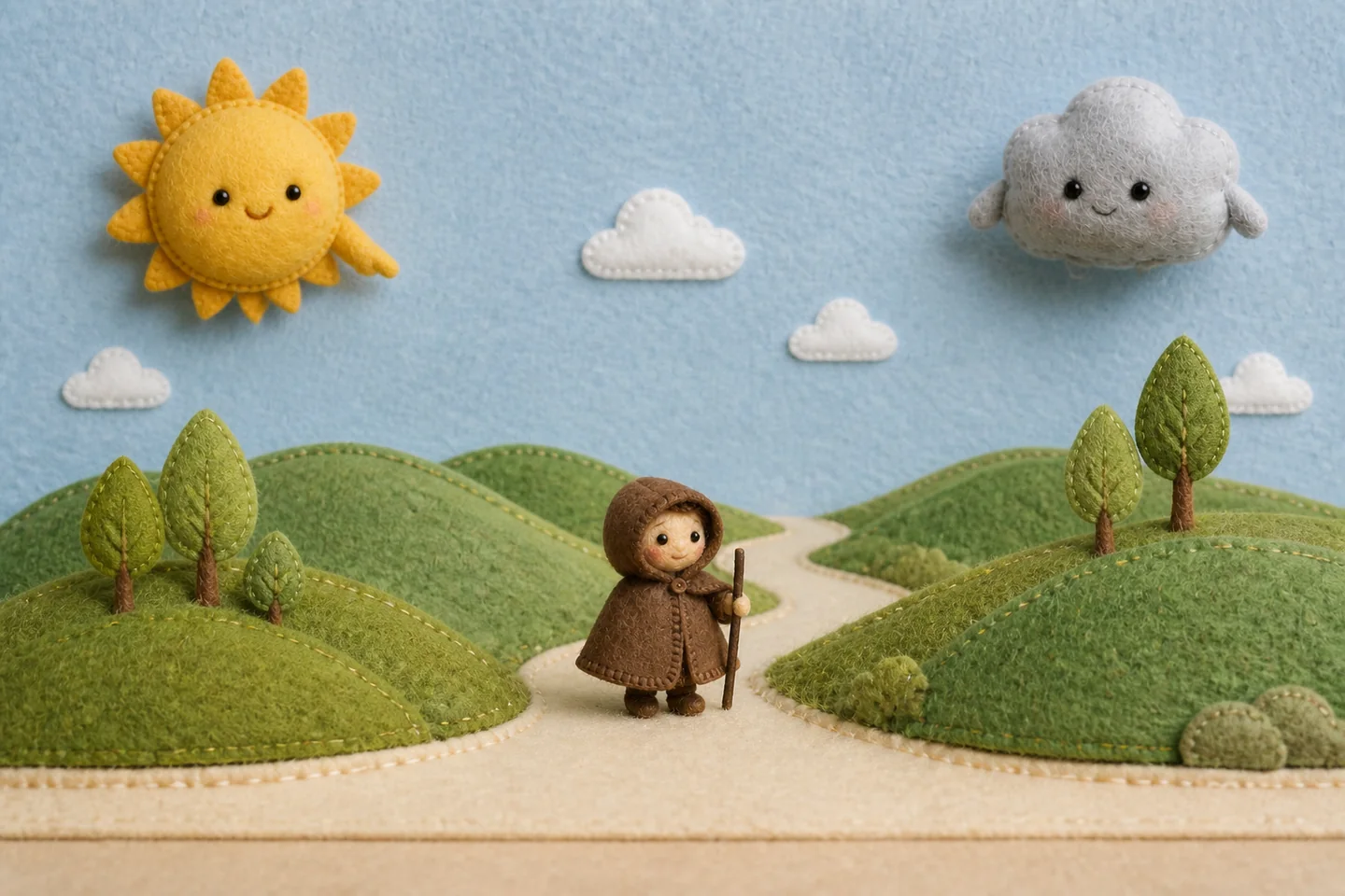 Wind and Sun watch a traveller wearing a cloak on the road below.