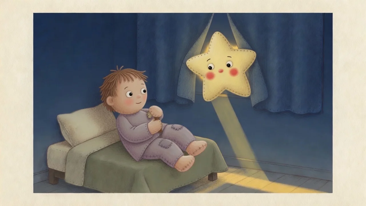 The star shines beside the child’s bed and blue curtains.