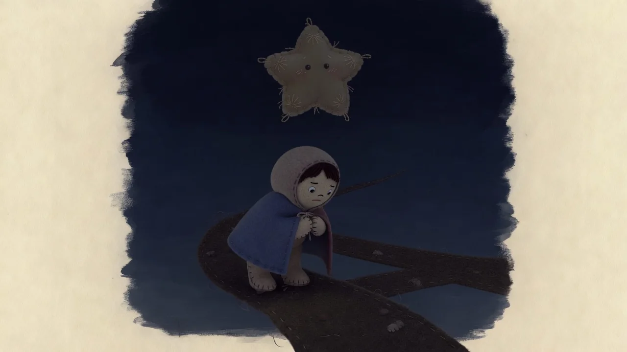 A traveller stands at a dark fork in the path beneath the little star.