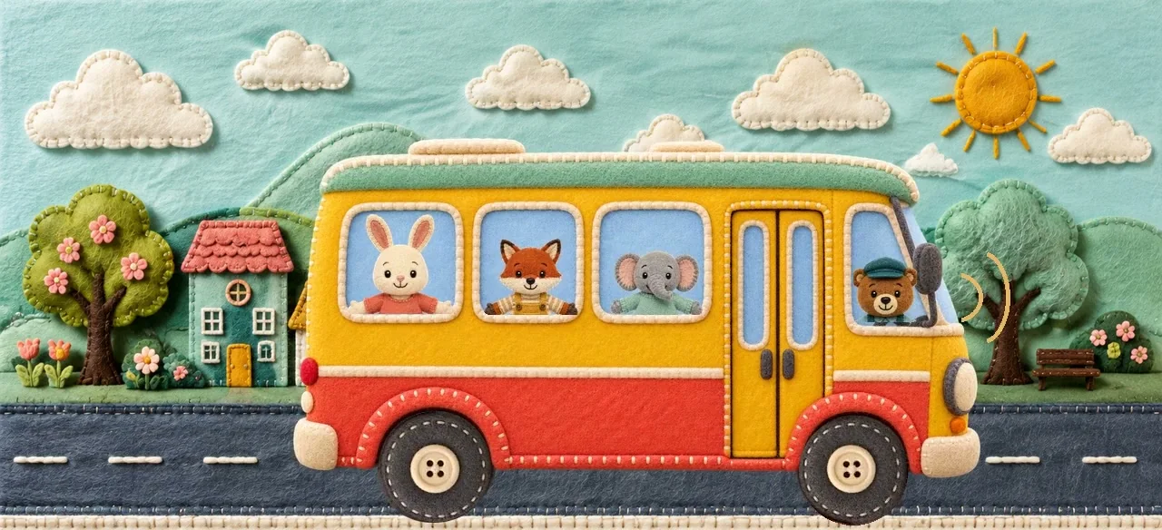 Bear drives the bus through the village.