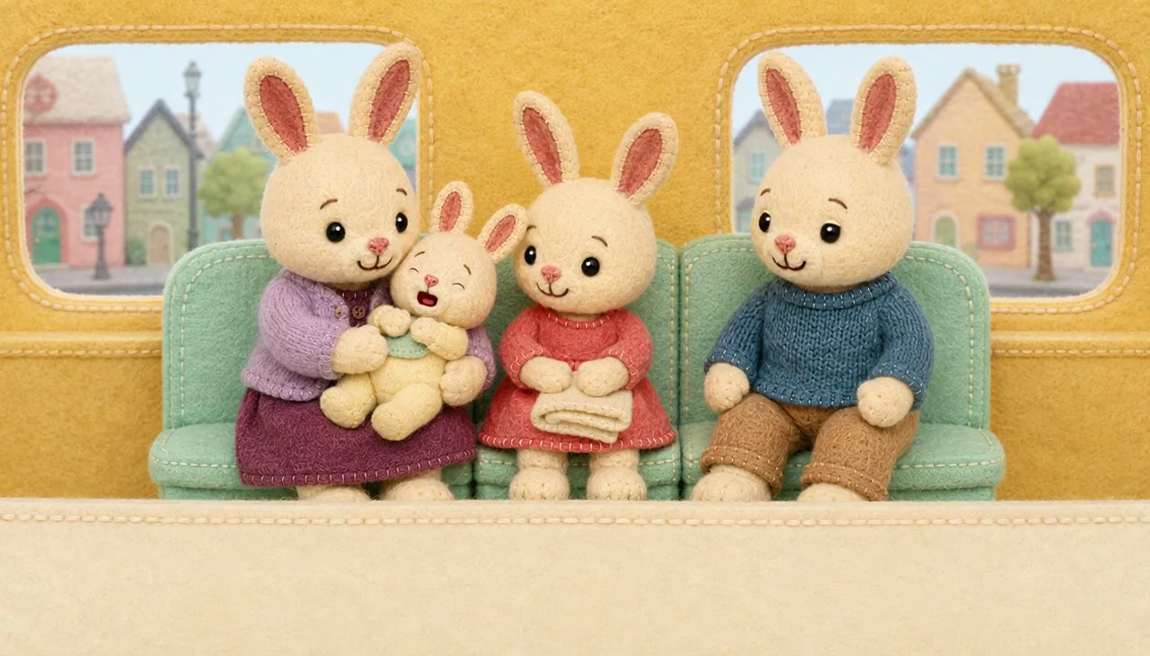 A rabbit family sits on the bus, with the baby on Mummy’s lap.