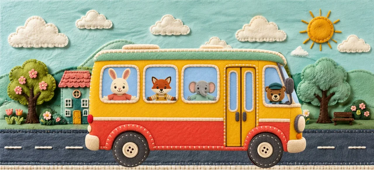 Bear sits behind the steering wheel of the bus.