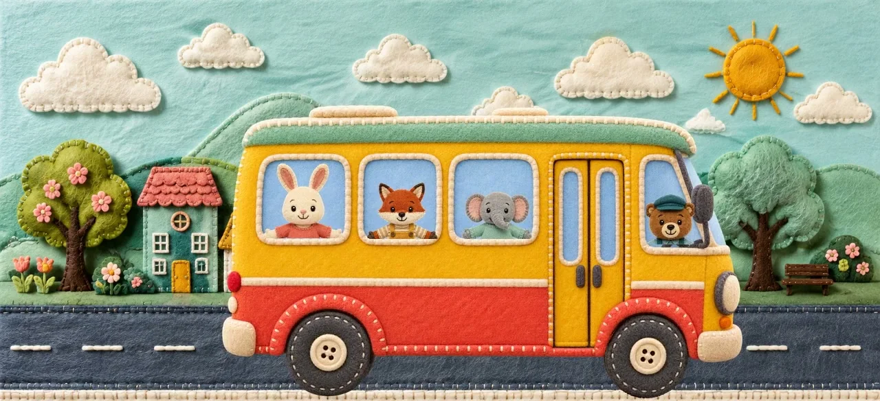 The bus carries its animal passengers through the village.