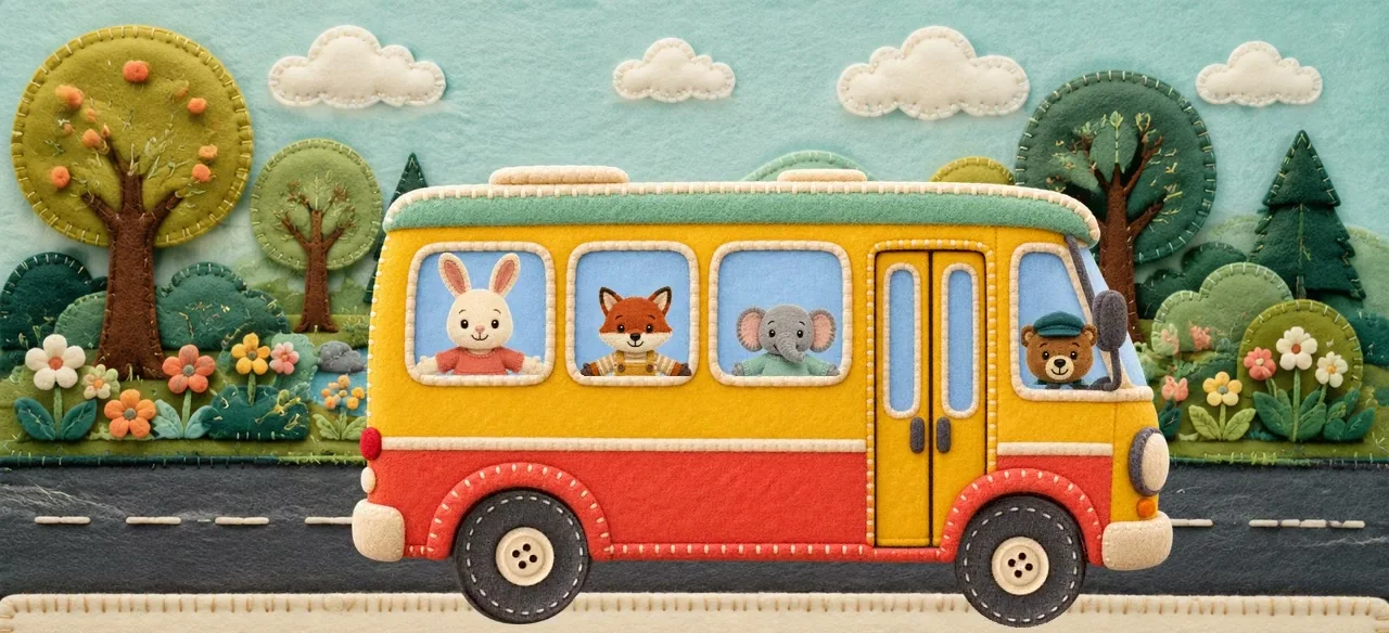 Bunny, Fox and Elephant ride in the bus.