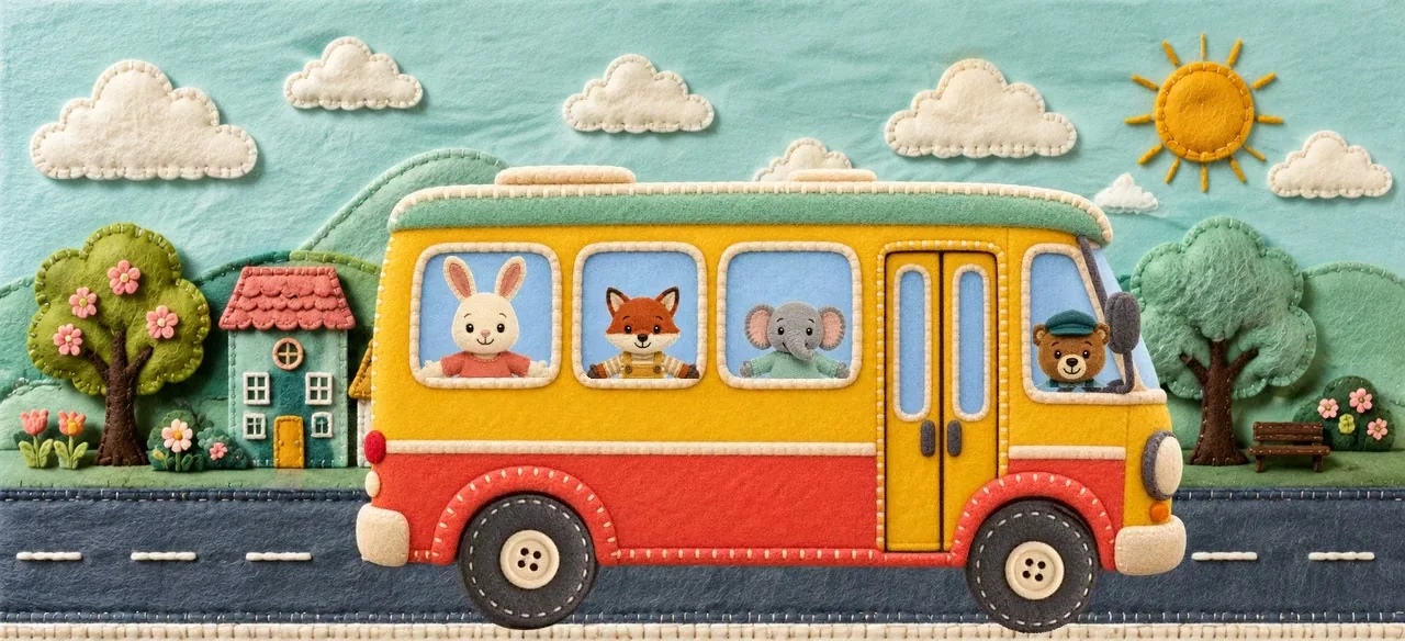 The red and yellow bus has two round wheels and animal passengers.