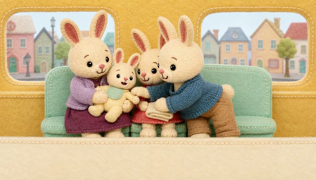 Daddy leans over to hug the children on the bus.