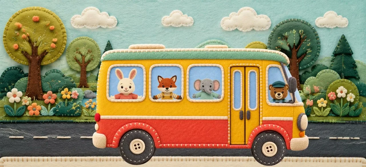 The young animal passengers ride together in the bus.