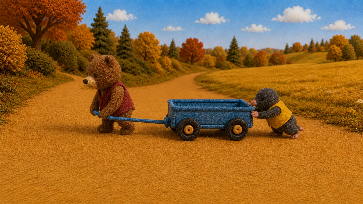 Bear pulls and Mole pushes the empty blue wagon along the path.