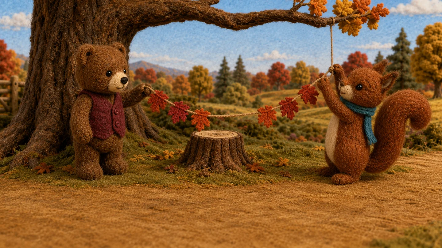 Bear holds one end of an autumn leaf garland as Squirrel raises the other.