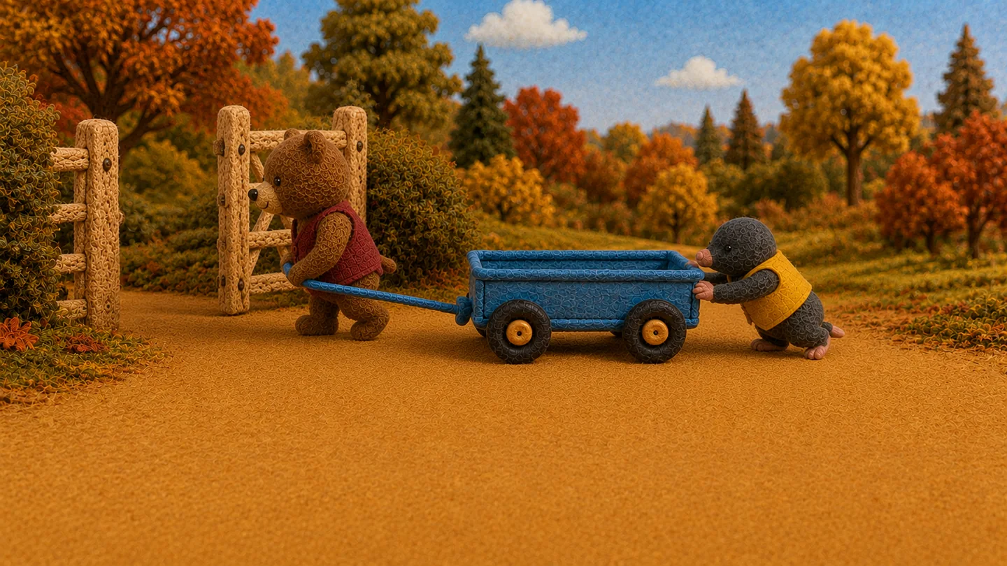 Bear and Mole take the empty blue wagon through Mole’s garden gate.