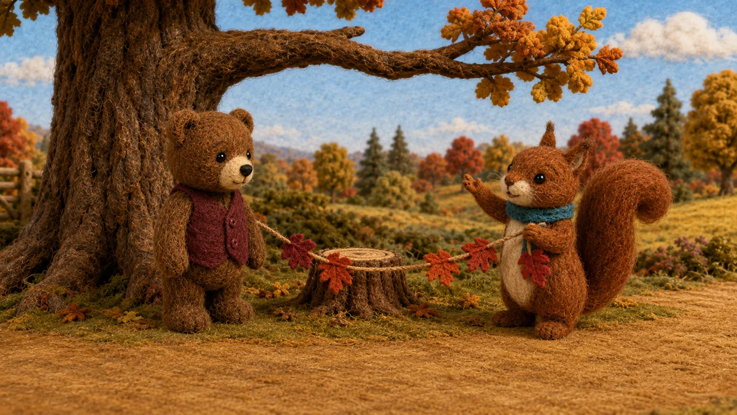Squirrel holds an autumn leaf garland beneath the oak beside Bear.