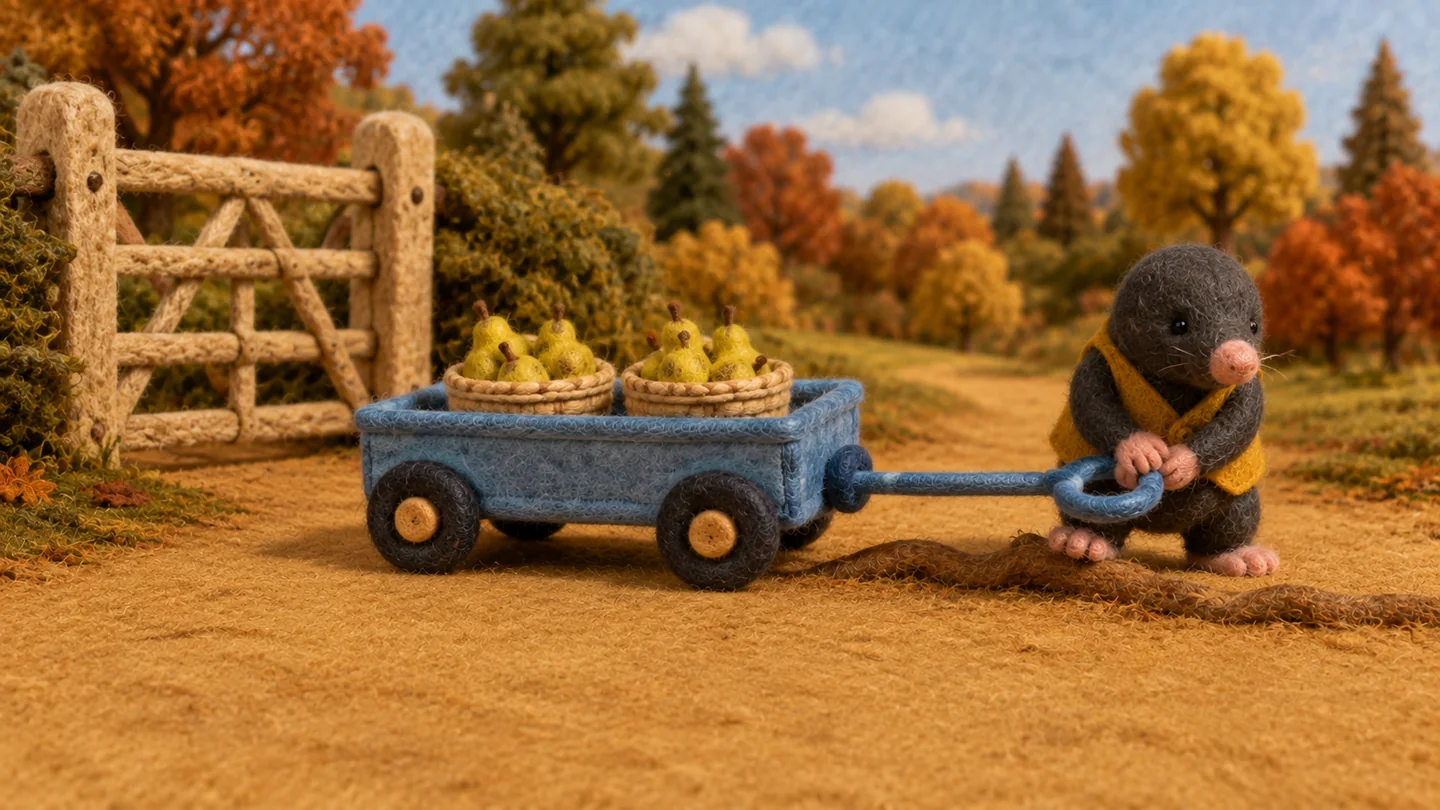 Mole pulls the loaded blue wagon where its wheels meet a tree root.