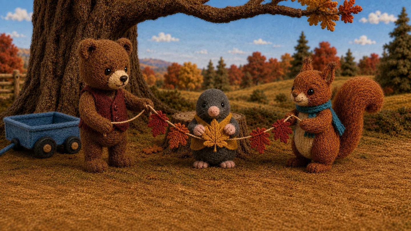 Mole holds the golden leaf in the garland as Bear and Squirrel help.