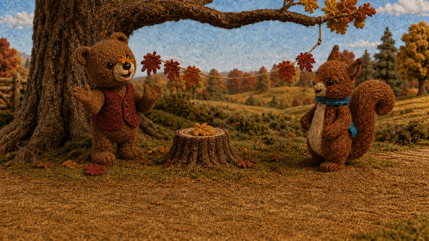 Bear and Squirrel stand beneath the garland as Bear lifts a paw to his nose.