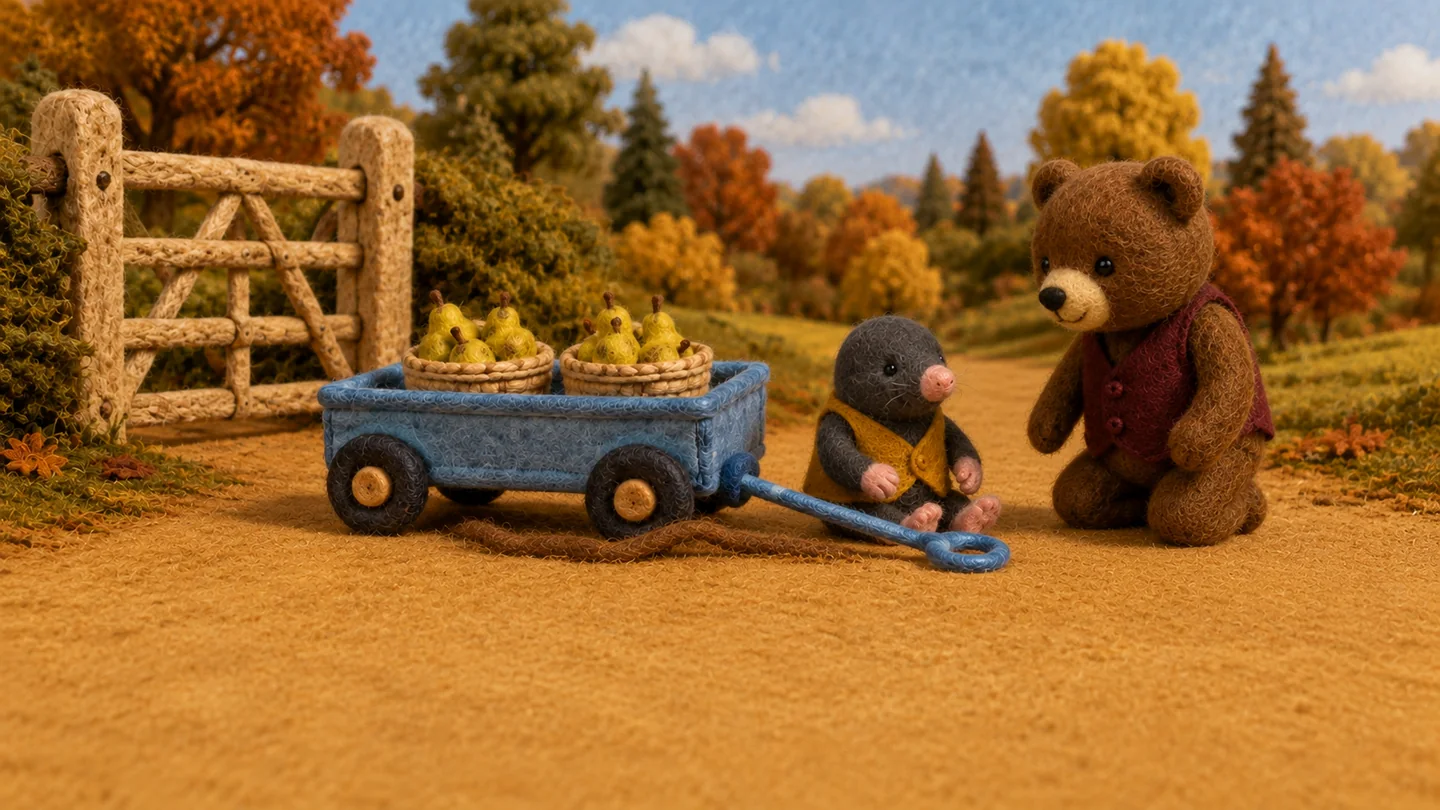 Bear sits beside tired Mole and the loaded blue wagon near the gate.