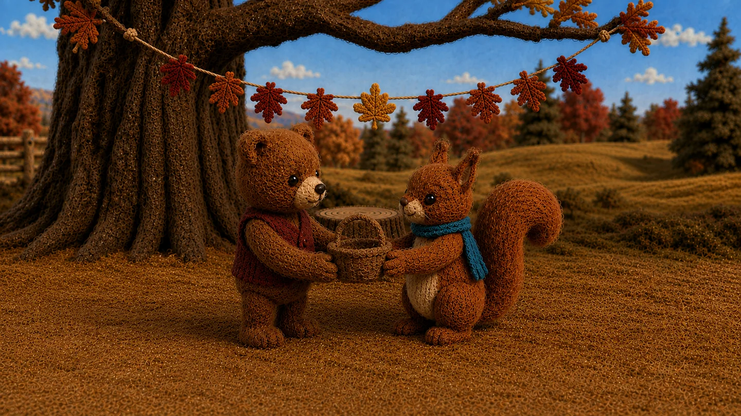 Squirrel passes Bear an empty basket beneath the finished autumn garland.