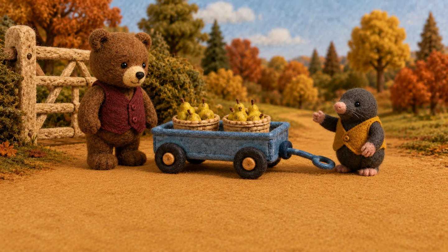 Bear and Mole stand beside a blue wagon holding two baskets of pears.