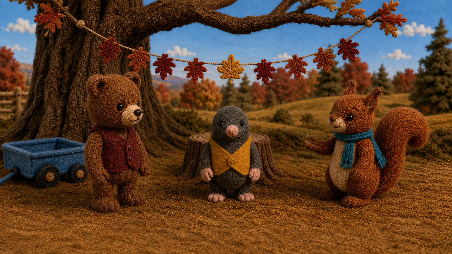 Bear, Mole and Squirrel stand together under the oak beside the empty wagon.