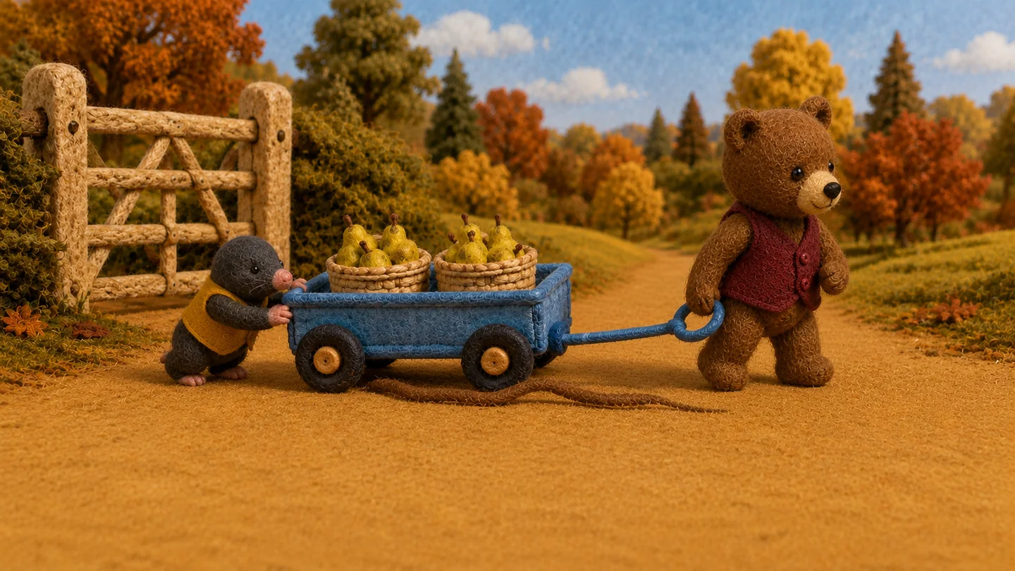 Bear holds the wagon handle while Mole pushes the loaded wagon beside a tree root.