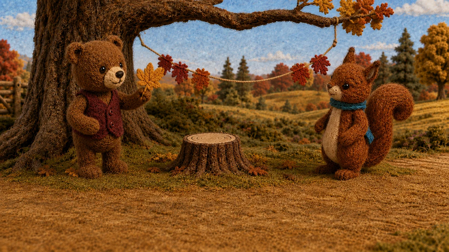 Bear holds a golden leaf under the oak while Squirrel stands beside him.