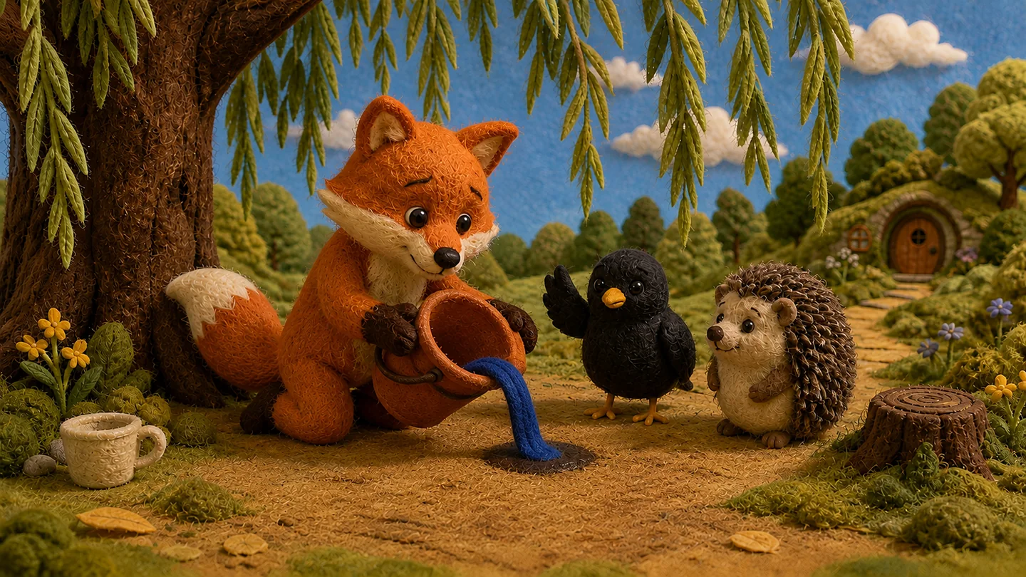 Water spills from the bucket as Little Fox tilts it beside his friends.