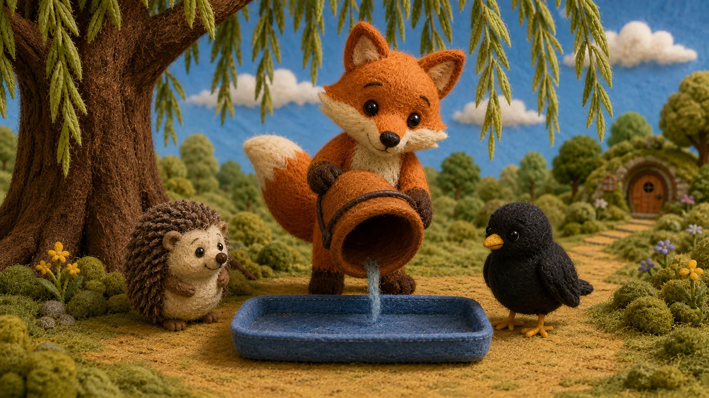 Little Fox pours water into the blue tray while his friends watch.