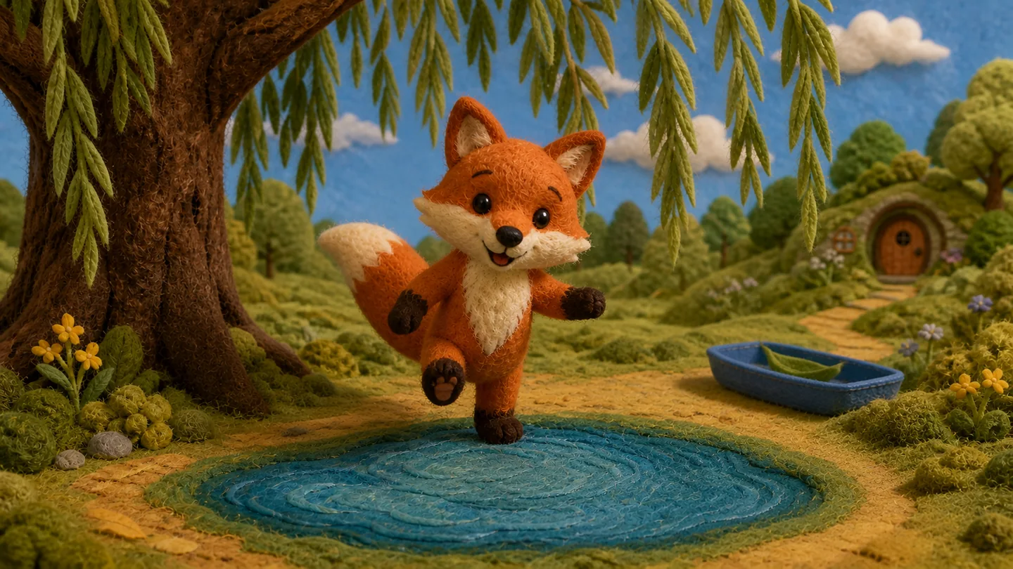 Little Fox jumps into a puddle beneath a willow, with his blue boat tray nearby.