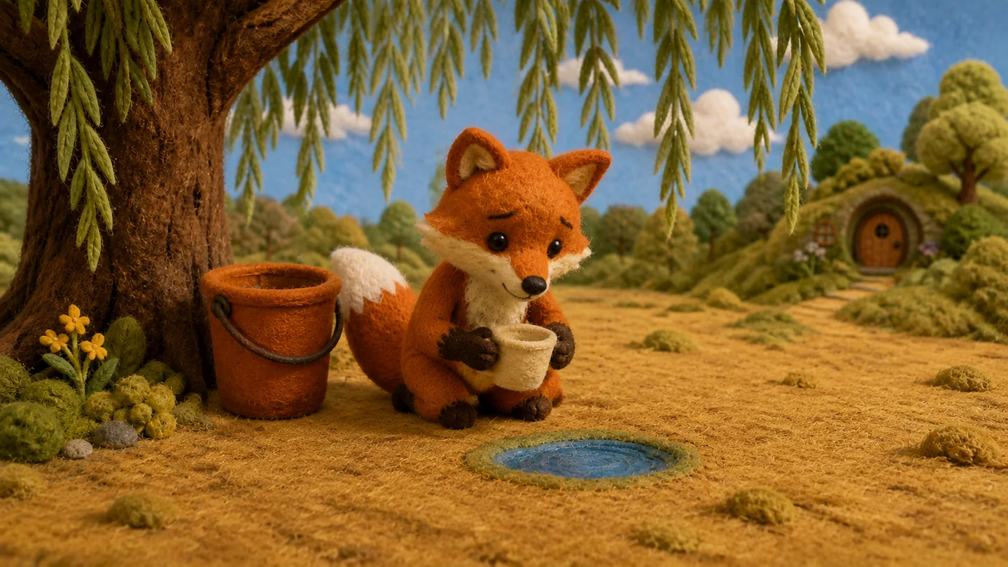 Little Fox kneels beside a tiny puddle with a cup and bucket.