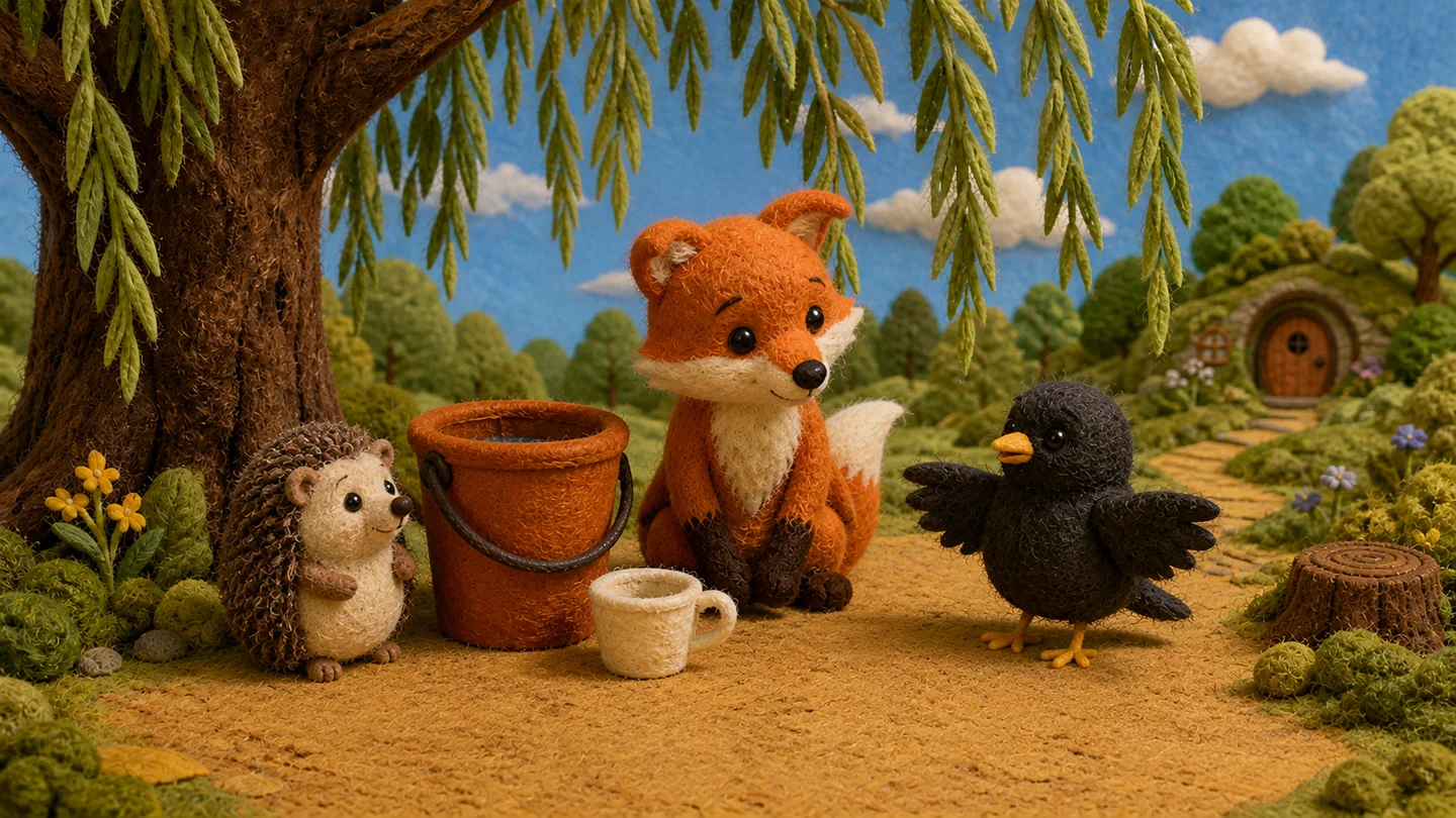 Hedgehog, Little Fox and Blackbird gather beside the tall bucket.