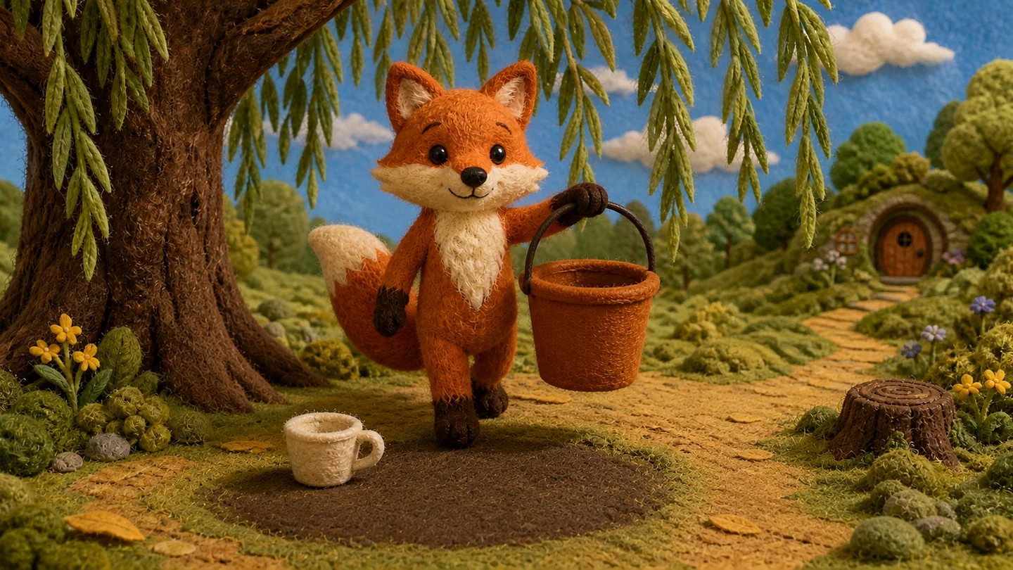 Little Fox carries his bucket beneath the willow.