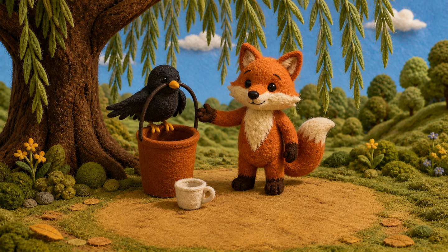 Blackbird perches on the bucket beside Little Fox.
