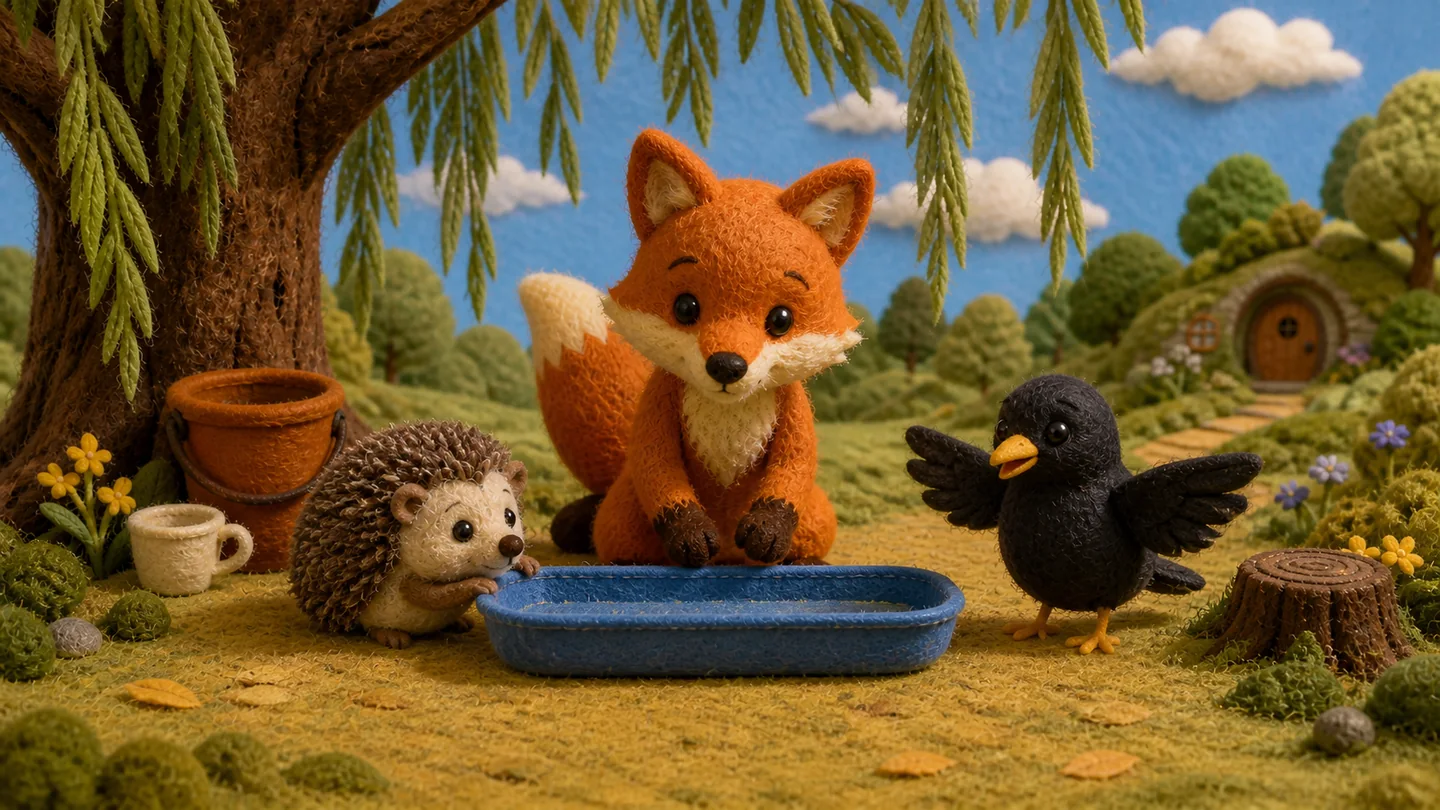 Hedgehog reaches the low blue tray while Blackbird opens her wings.