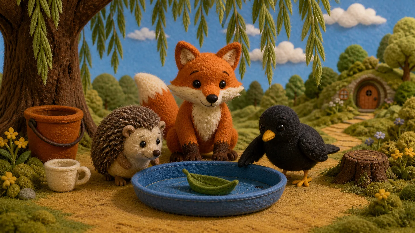 The three friends gather around a leaf boat floating in the blue tray.