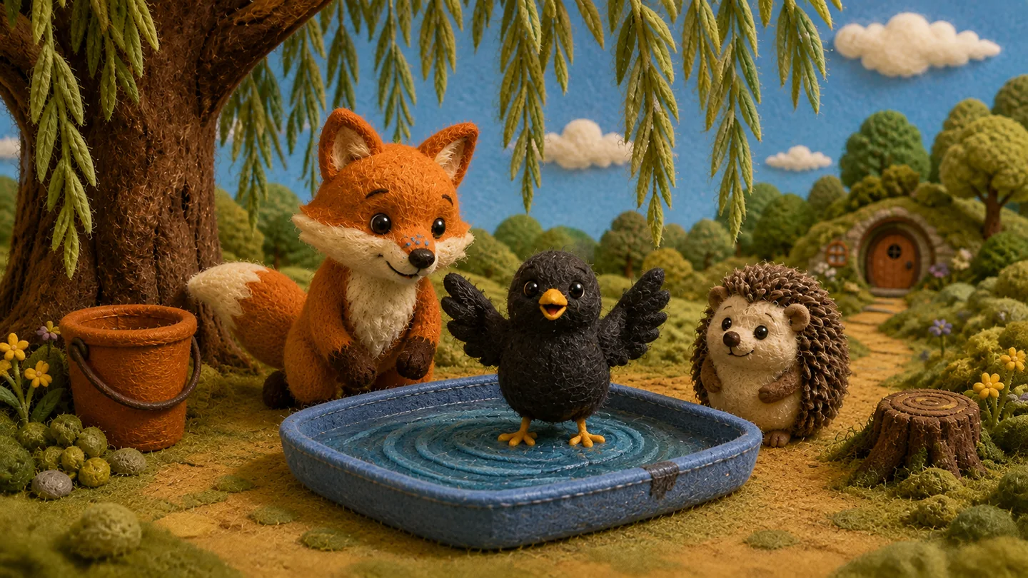 Blackbird stands in the water-filled blue tray beside Little Fox and Hedgehog.