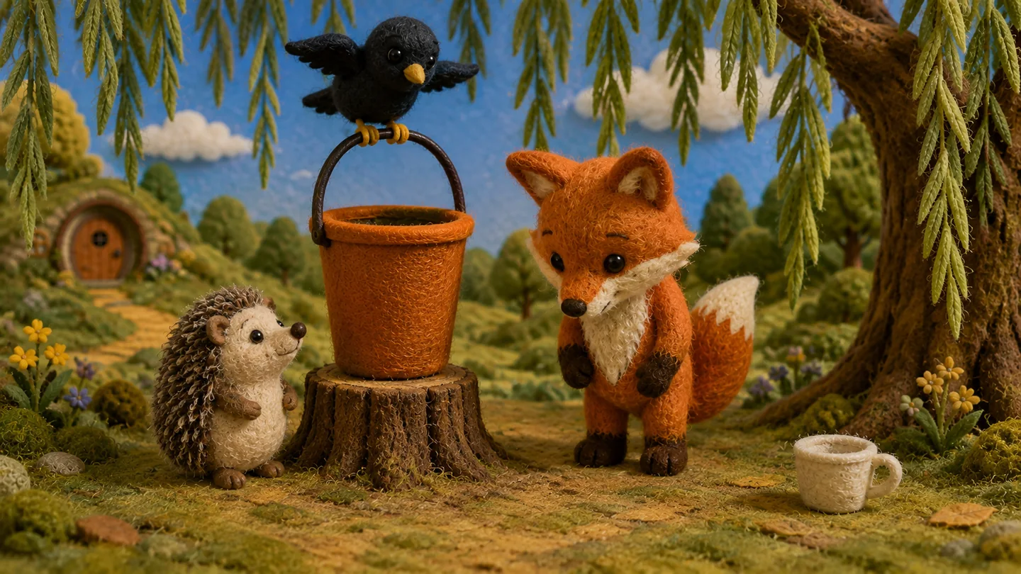 The bucket stands on a stump, with Blackbird on its handle and Hedgehog below.