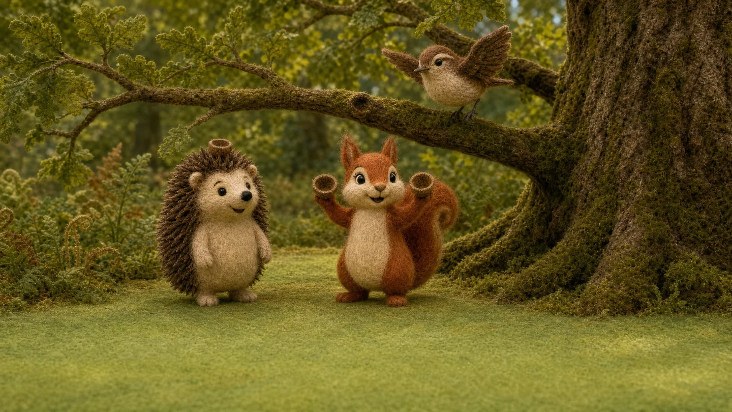 Squirrel holds two acorn caps while Little Hedgehog listens and Wren perches on a branch above them.