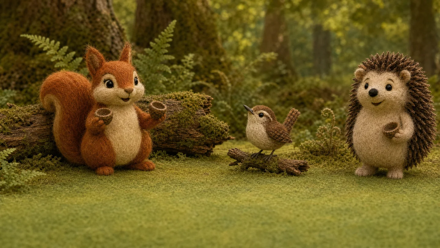 Squirrel holds her two caps beside Wren while Little Hedgehog listens by the mossy log.