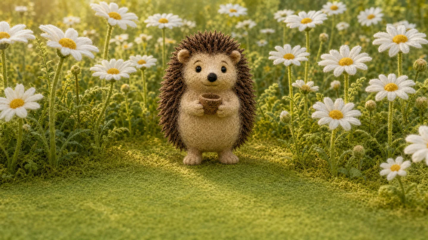 Little Hedgehog practises with her acorn cap among the meadow daisies.