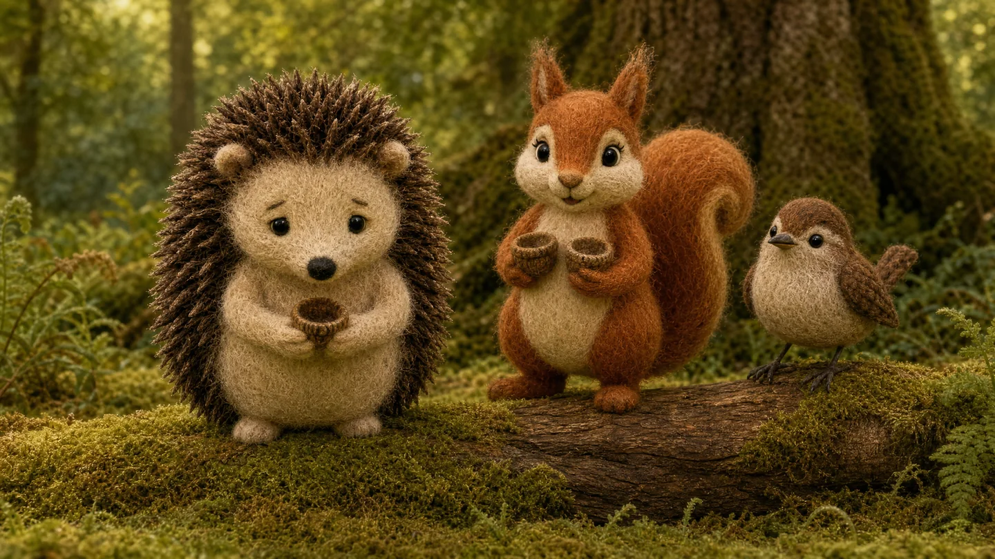 Little Hedgehog looks down at the acorn cap in her paws, with Squirrel and Wren beside her.