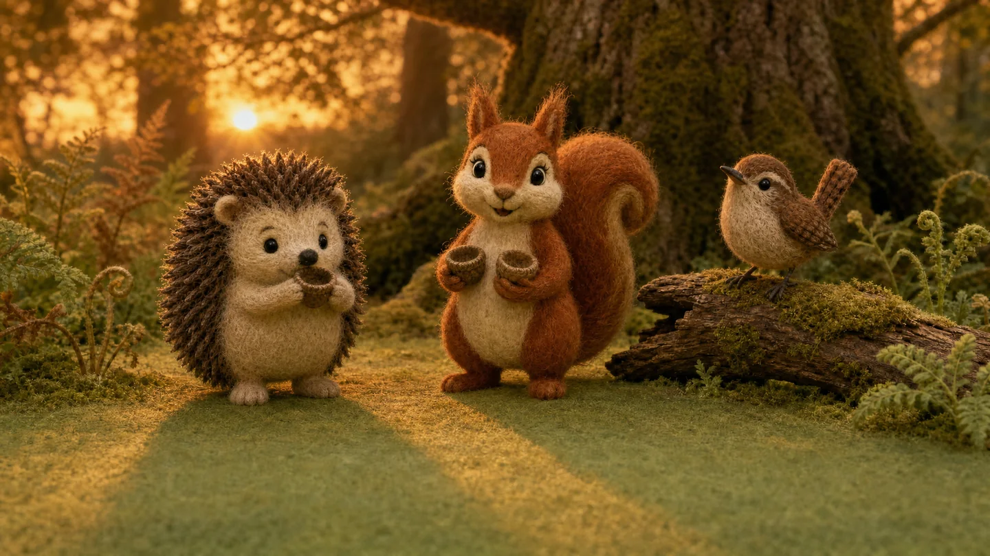 Little Hedgehog holds her cap for a final peep beside Squirrel and Wren in the setting sun.