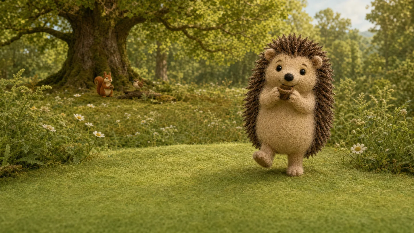 Little Hedgehog holds her cap in the meadow with the old oak in the distance.