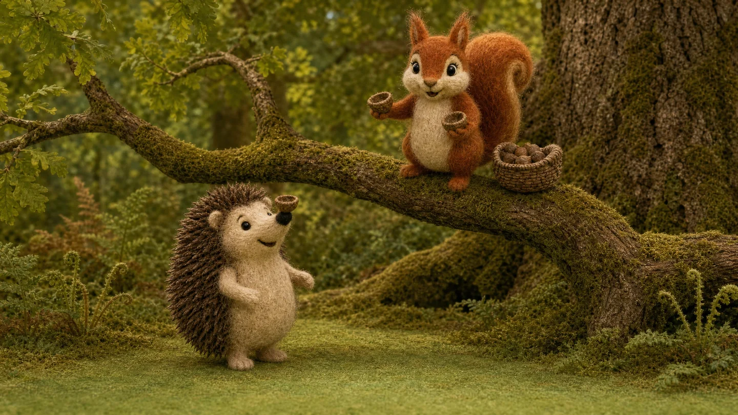 Little Hedgehog balances an acorn cap on her nose below Squirrel and her basket in the old oak.